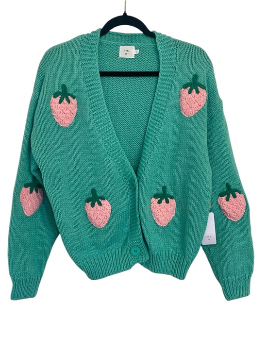 Luna Ivy Sweaters - Luna Ivy Mint Green Strawberry Chunky Knit Cardigan NWT Small